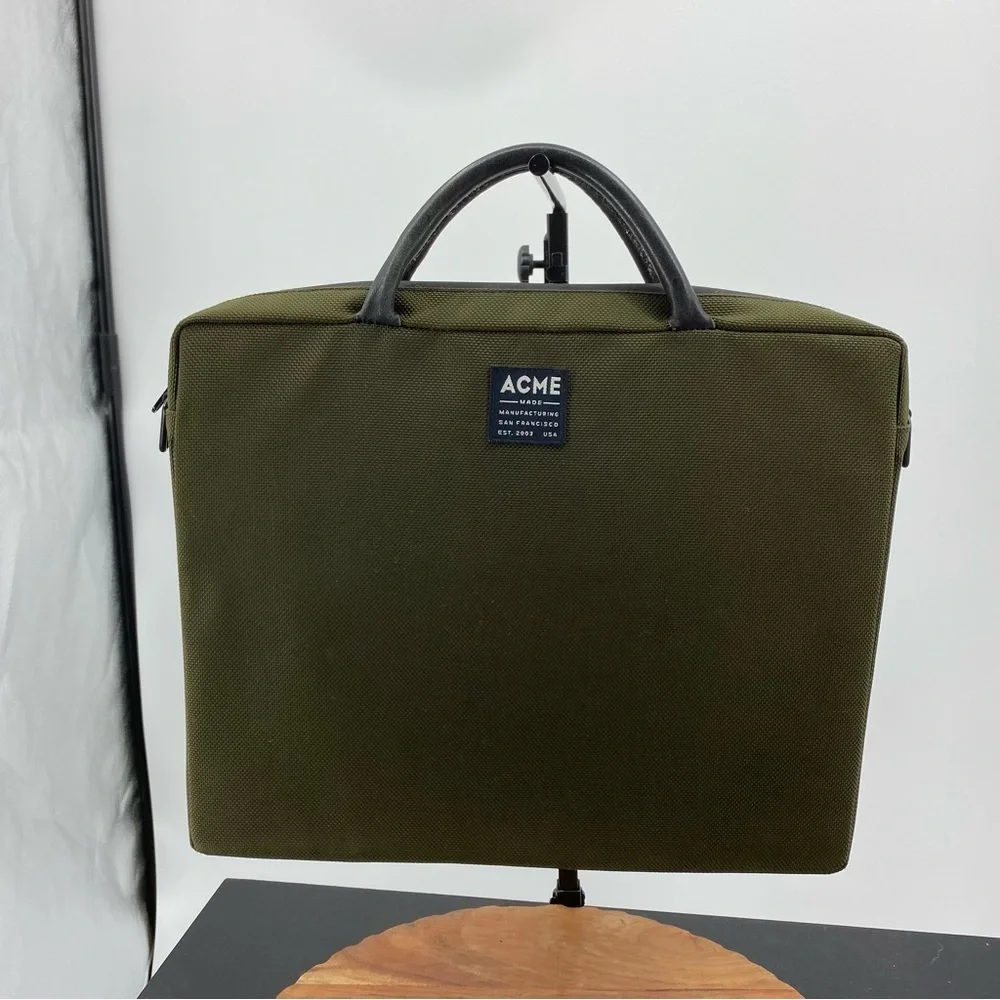 Acme Made laptop‎ briefcase green canvas with leather handles
